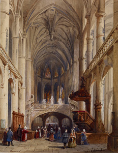 Interior, St Etienne du Mont, Paris, gouache by Charles Louis Lesaint, 19th C