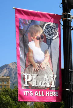 A fabric banner displayed on the side of a lamp post pole
