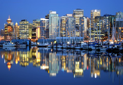 A view of the harbour and the downtown skyline in Vancouver